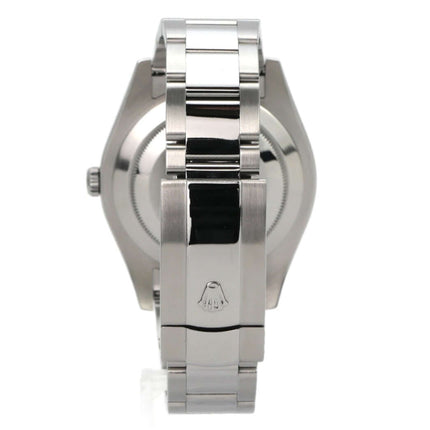 Rolex Datejust II Edelstahl Weißgold 116334 Silber Rückenansicht mit Oyster-Band und Rolex-Logo.