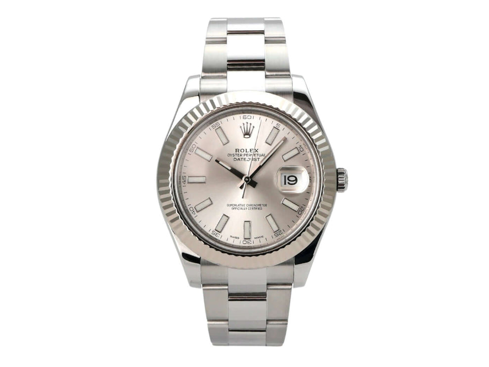 Rolex Datejust II Edelstahl Weißgold 116334 Silber mit silbernem Zifferblatt und Oyster-Armband.