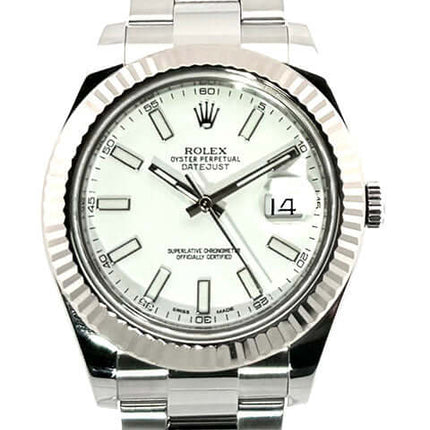 Rolex Datejust II 41 mm Edelstahl Weißgold 116334, weißes Zifferblatt, geriffelte Lünette, Oysterband, poliert und satiniert, aus 2013