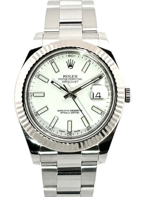 Rolex Datejust II 41 mm Edelstahl Weißgold 116334, weißes Zifferblatt, geriffelte Lünette, Oysterband, poliert und satiniert, aus 2013