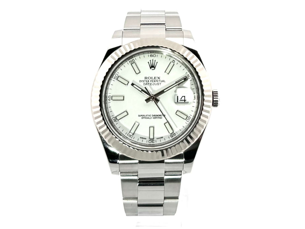 Rolex Datejust II 41 Edelstahl Weißgold 116334 Weiß 2013 mit weißem Zifferblatt und poliertem Oyster Edelstahlband