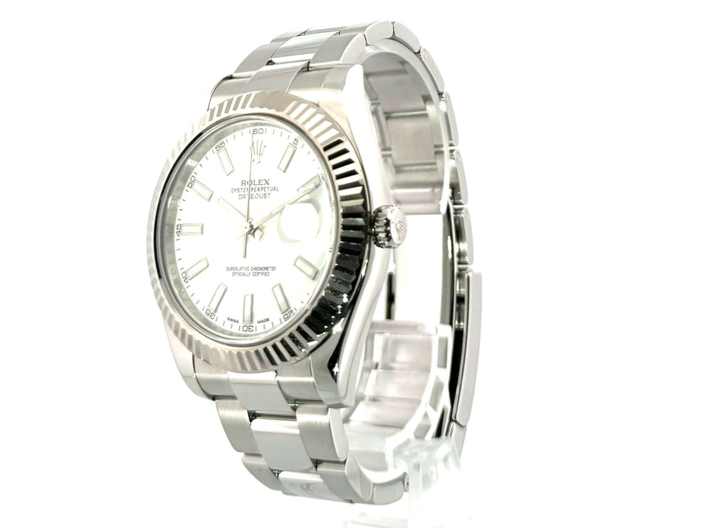 Rolex Datejust II 41 Edelstahl Weißgold 116334, weißes Zifferblatt, poliertes und satiniertes Edelstahlgehäuse und -band.