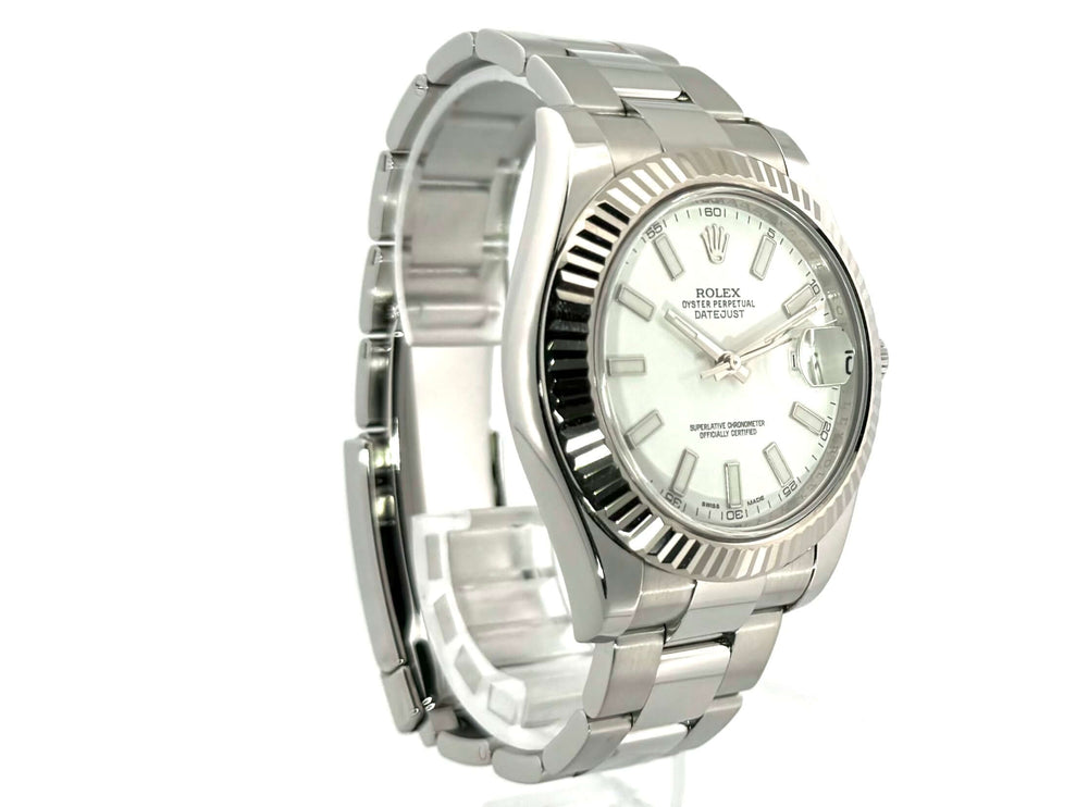 Rolex Datejust II 41 mm Edelstahl Weißgold 116334 mit weißem Zifferblatt und Oysterband, poliert und satiniert, aus dem Jahr 2013