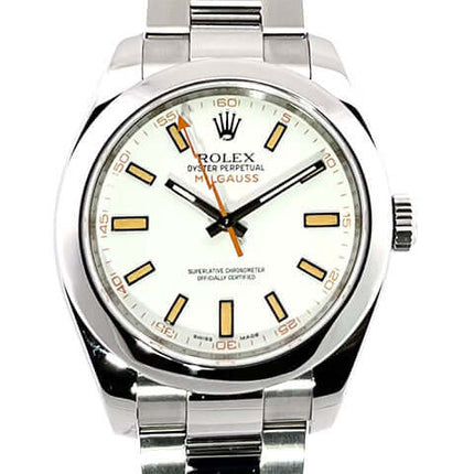Rolex Milgauss 116400 weißes Zifferblatt, Edelstahl Gehäuse, Oyster Band 2008, poliert und satiniert, orangefarbene Blitz Sekunde.