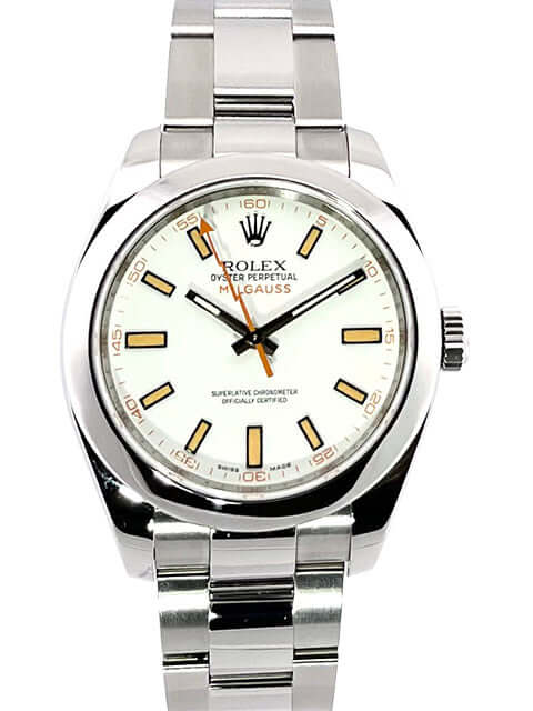 Rolex Milgauss 116400 weißes Zifferblatt, Edelstahl Gehäuse, Oyster Band 2008, poliert und satiniert, orangefarbene Blitz Sekunde.