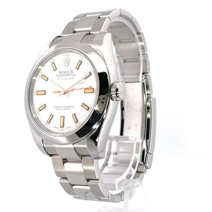 Rolex Milgauss 116400 Weißes Zifferblatt, Edelstahlgehäuse und -armband, orangefarbene Blitz-Sekunde, poliert und satiniert