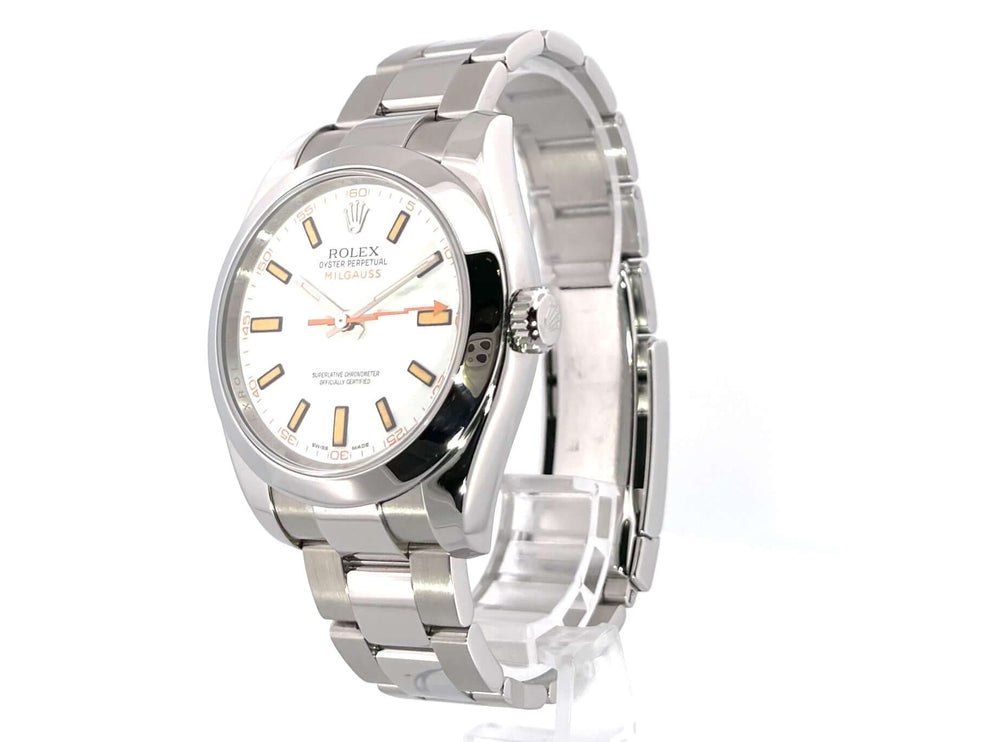 Rolex Milgauss 116400 Weißes Zifferblatt, Edelstahlgehäuse und -armband, orangefarbene Blitz-Sekunde, poliert und satiniert