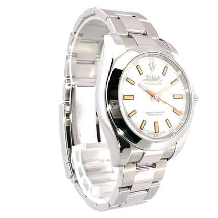 Rolex Oyster Perpetual Milgauss 116400, Edelstahlgehäuse, 40mm, weißes Zifferblatt mit leuchtenden Indizes und orangefarbener Sekunde, poliertes Oysterband.