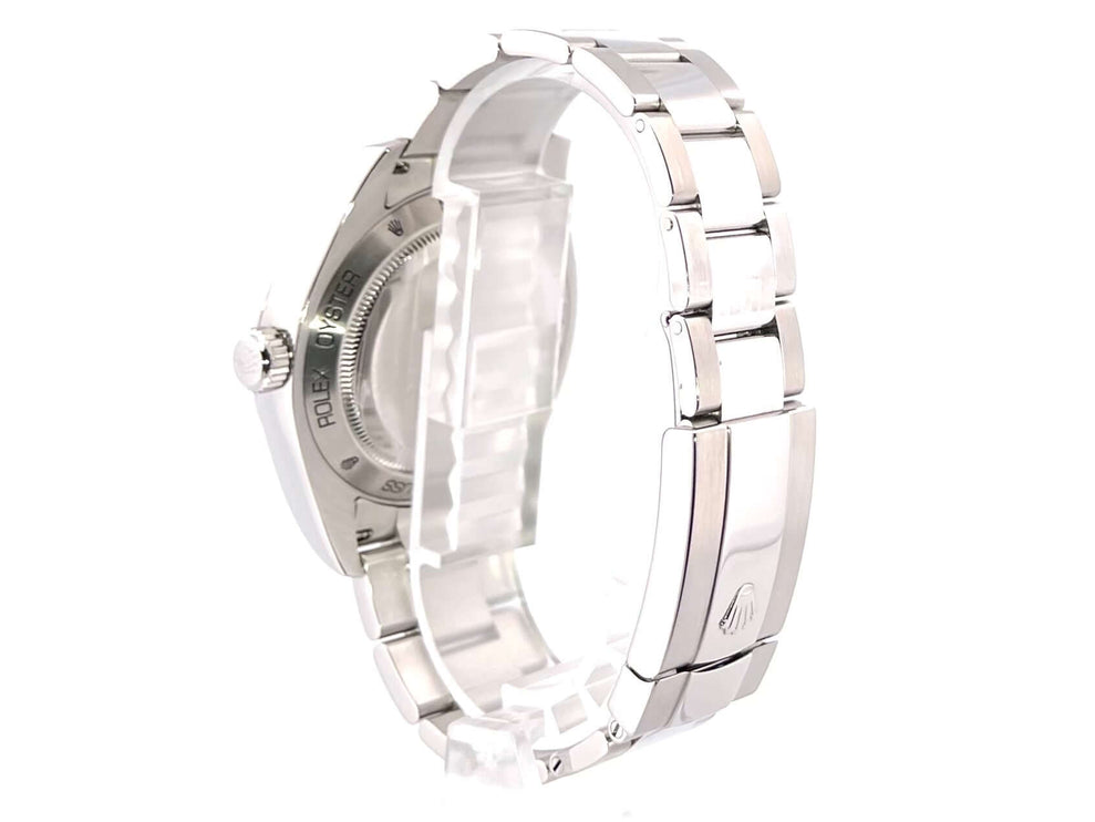 Rückansicht der Rolex Milgauss 116400 mit poliertem und satiniertem Edelstahl-Oysterband und Faltschließe.