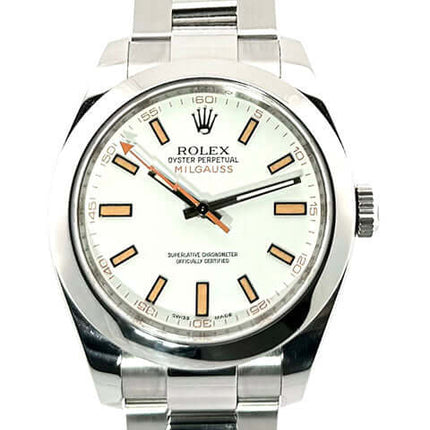 Rolex Milgauss 116400 mit weißem Zifferblatt, Edelstahlgehäuse und -armband, orangefarbene Blitz-Sekunde, Automatikwerk 3131.
