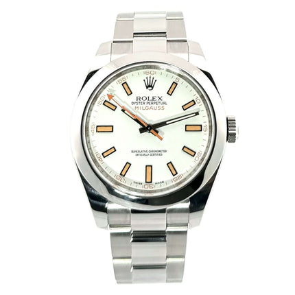 Rolex Milgauss 116400 mit weißem Zifferblatt, Edelstahlgehäuse und Edelstahlband, orangefarbene Blitz-Sekunde, Automatikwerk.
