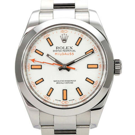 Rolex Milgauss 116400 weißes Zifferblatt, Edelstahlgehäuse mit orangefarbenen Akzenten und Oyster-Band