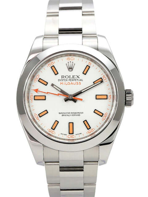 Rolex Milgauss 116400 weißes Zifferblatt, Edelstahlgehäuse mit orangefarbenen Akzenten und Oyster-Band