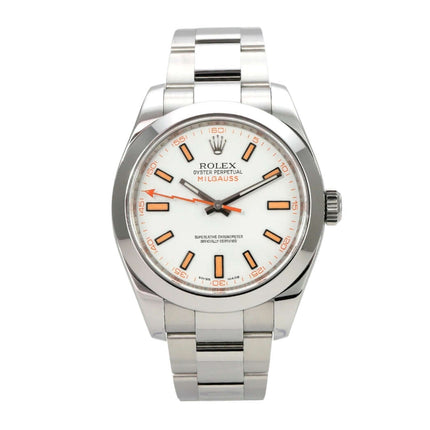 Rolex Milgauss 116400 weißes Zifferblatt mit leuchtenden Indizes und orangefarbener Sekunde