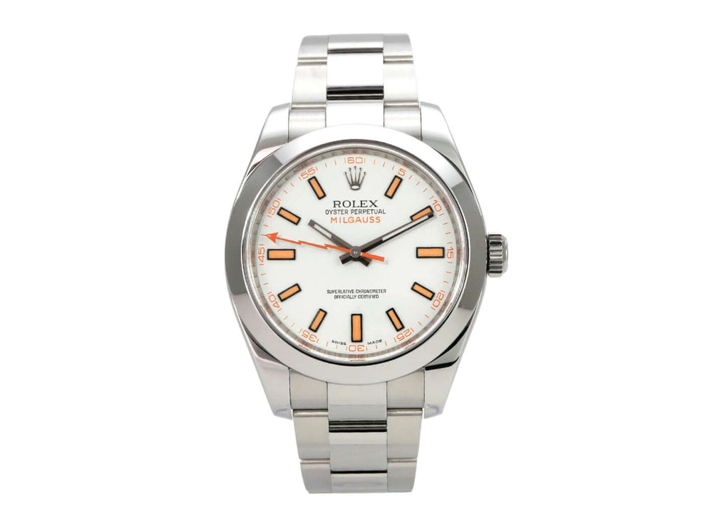 Rolex Milgauss 116400 weißes Zifferblatt mit leuchtenden Indizes und orangefarbener Sekunde