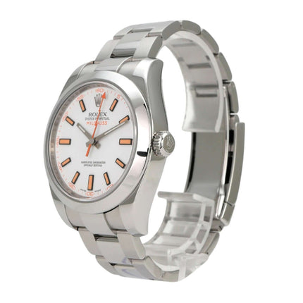 Rolex Milgauss 116400 weißes Zifferblatt Uhr mit Edelstahlband und orangefarbener Sekunde.