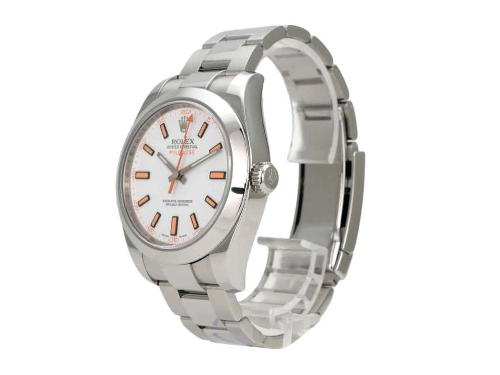 Rolex Milgauss 116400 weißes Zifferblatt Uhr mit Edelstahlband und orangefarbener Sekunde.