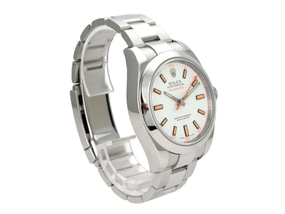 Rolex Milgauss 116400 weißes Zifferblatt mit Edelstahlarmband und orangefarbener Sekunde