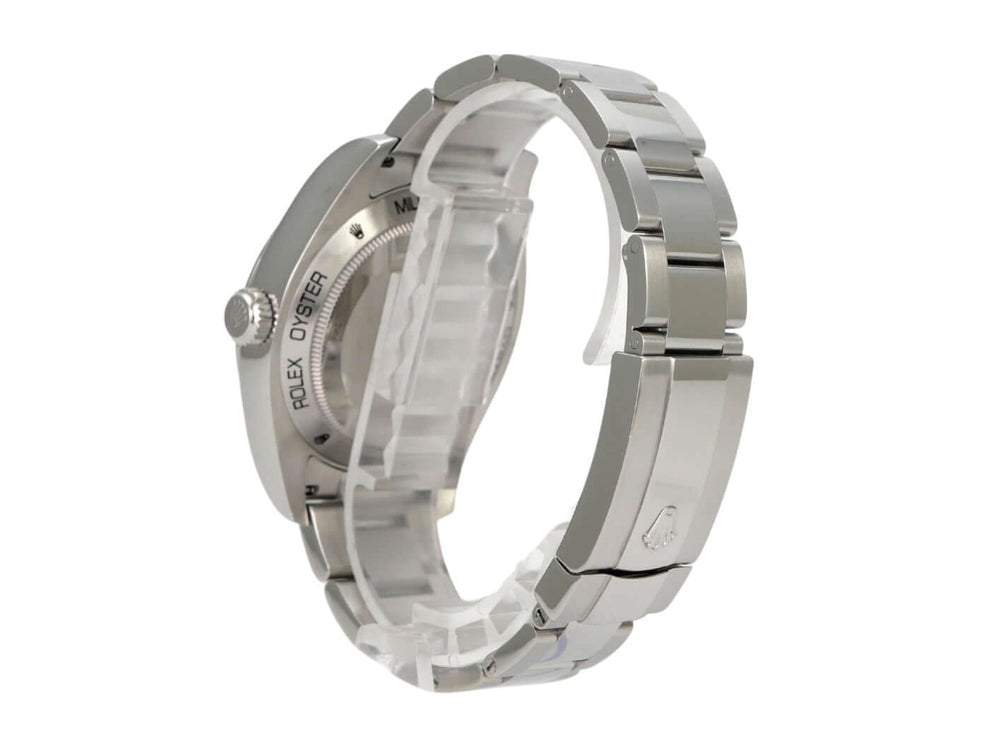 Rolex Milgauss 116400 weißes Zifferblatt, Ansicht der Edelstahl-Gehäuse- und Armbanddetails von hinten.