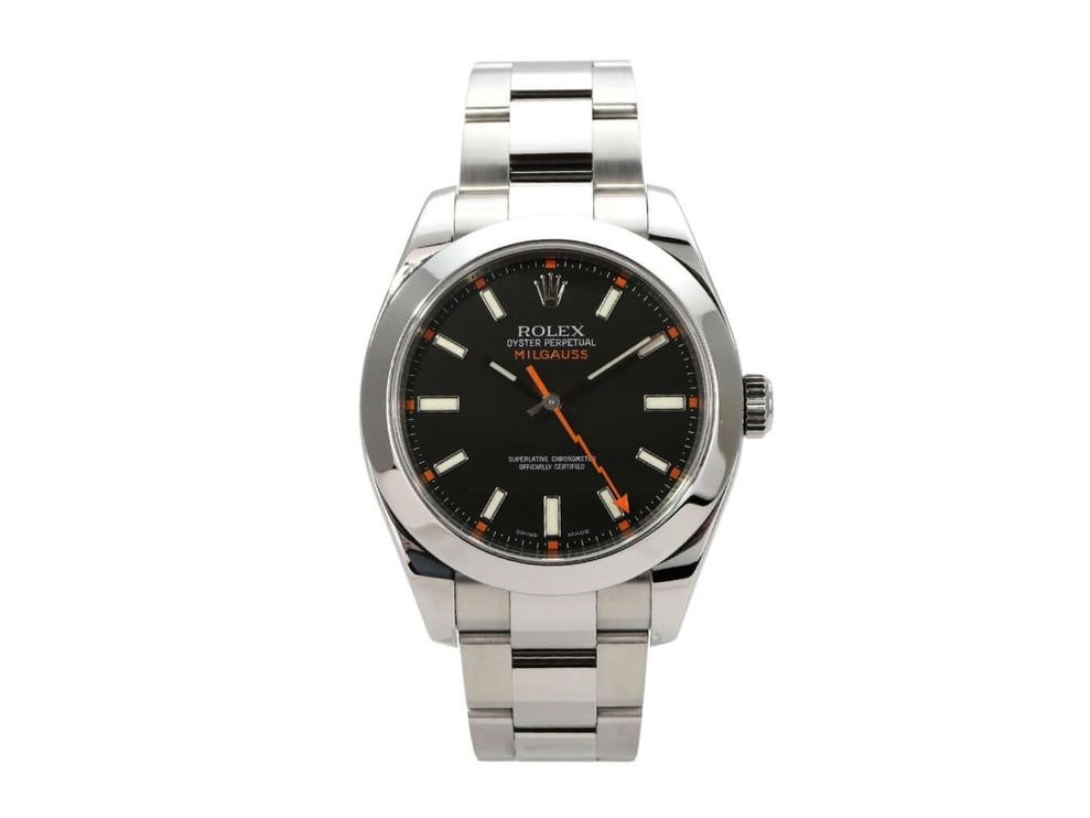 Rolex Milgauss 116400 Schwarz mit schwarzem Zifferblatt und orangefarbenem Sekundenzeiger auf Edelstahl-Armband