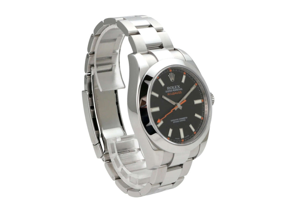 Rolex Milgauss 116400 Schwarz, Edelstahlarmband, schwarzes Zifferblatt mit orangefarbenen Indexen.