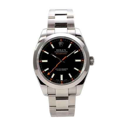 Rolex Milgauss 116400 Schwarz Uhr mit schwarzem Zifferblatt und orangefarbener Sekunde auf Edelstahlarmband