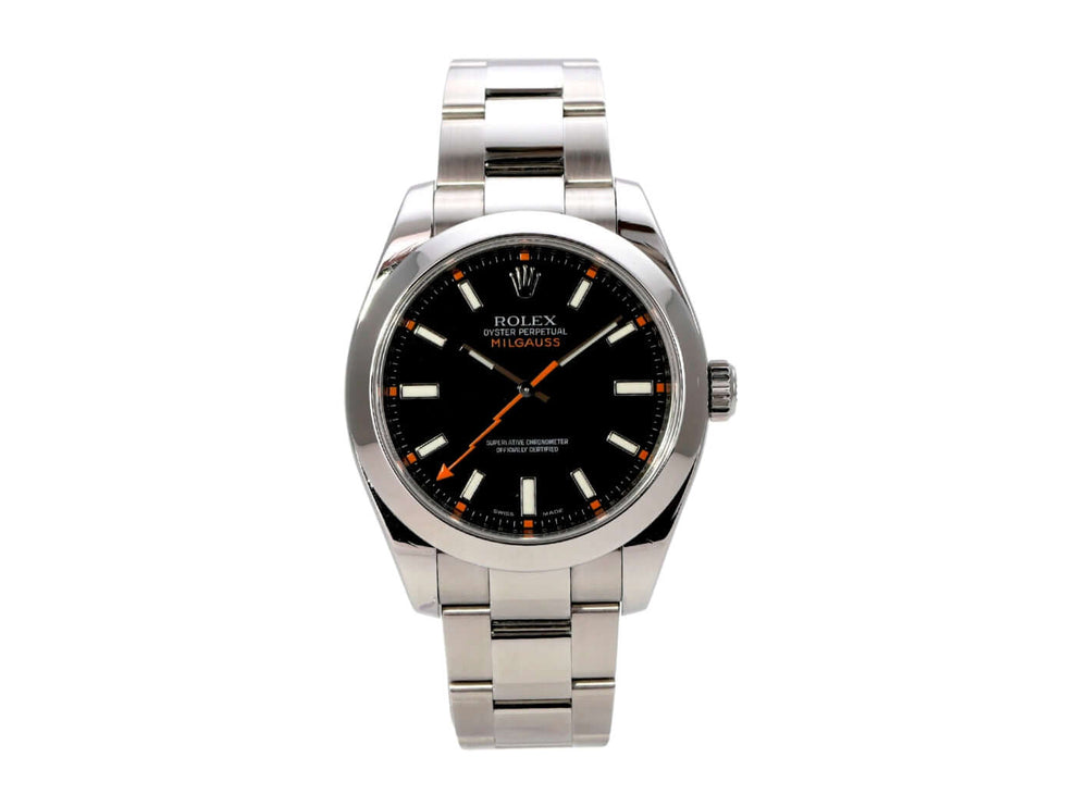 Rolex Milgauss 116400 Schwarz Uhr mit schwarzem Zifferblatt und orangefarbener Sekunde auf Edelstahlarmband
