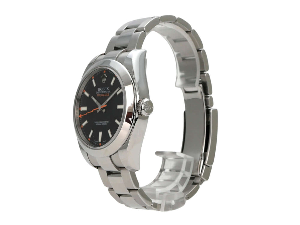 Rolex Milgauss 116400 Schwarz, Edelstahlgehäuse, schwarzes Zifferblatt, orangefarbene Sekunde, Automatikwerk