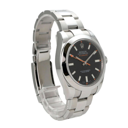 Rolex Milgauss 116400 Schwarz mit schwarzem Zifferblatt und Edelstahlarmband.