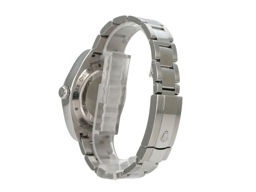 Rolex Milgauss 116400 Schwarz Rückansicht des Edelstahlarmbands und Gehäuses, glänzend und satiniert.