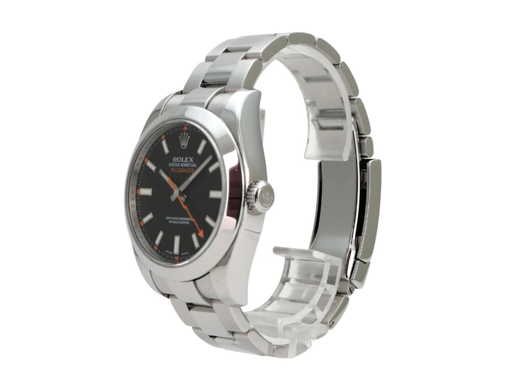 Rolex Milgauss 116400 Schwarz mit Edelstahlgehäuse, schwarzem Zifferblatt, Leuchtindizes und Oyster-Armband