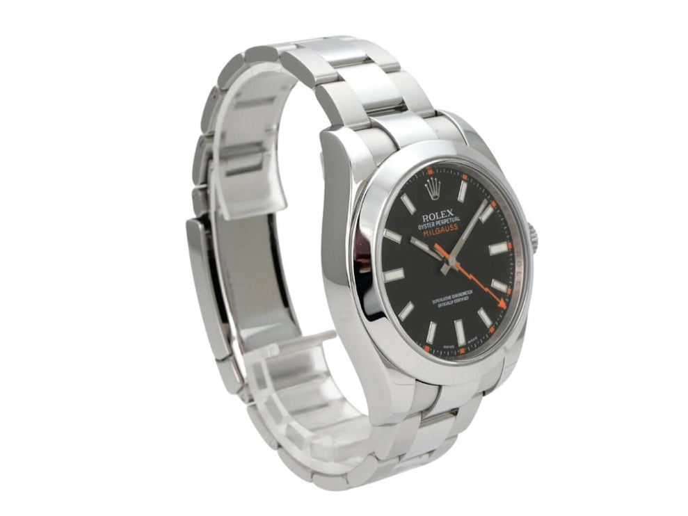 Rolex Milgauss 116400 Schwarz, schwarzes Zifferblatt, Edelstahlarmband und orangefarbener Blitz-Sekundenzeiger