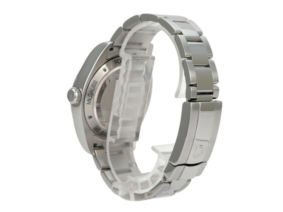 Rolex Milgauss 116400 Schwarz, Edelstahl-Armband und Gehäuse, elegante Rückansicht