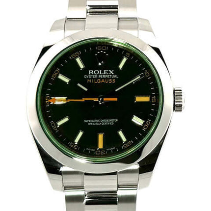 Rolex Oyster Perpetual Milgauss 116400GV Edelstahlgehäuse, poliertes und satiniertes Oyster-Armband, schwarzes Zifferblatt mit Leuchtindizes, orangene Sekundenzeiger.