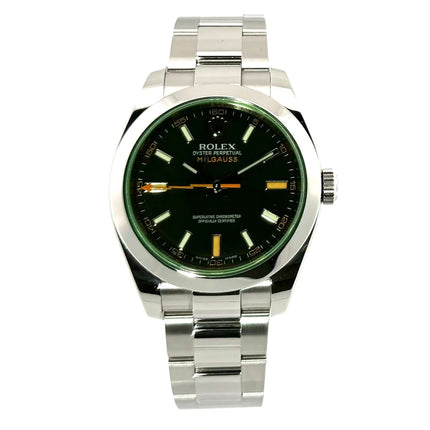 Rolex Oyster Perpetual Milgauss 116400GV aus poliertem Edelstahl mit schwarzem Zifferblatt und orangefarbener Blitz-Sekunde, aus dem Jahr 2008.