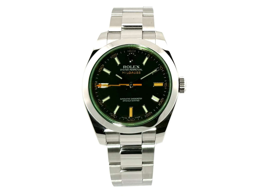 Rolex Oyster Perpetual Milgauss 116400GV aus poliertem Edelstahl mit schwarzem Zifferblatt und orangefarbener Blitz-Sekunde, aus dem Jahr 2008.