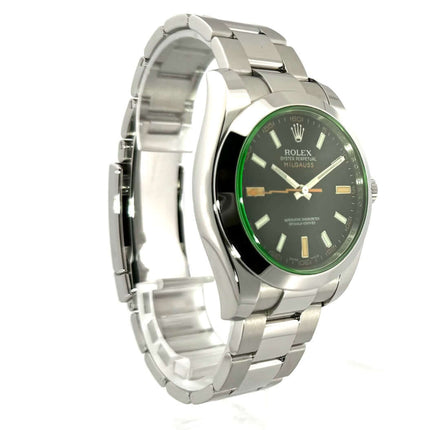 Rolex Oyster Perpetual Milgauss 116400GV mit schwarzem Zifferblatt und Blitz-Sekundenzeiger, Edelstahlgehäuse und Armband, Automatikwerk, 40 mm Durchmesser
