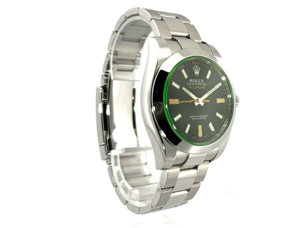 Rolex Oyster Perpetual Milgauss 116400GV mit schwarzem Zifferblatt und Blitz-Sekundenzeiger, Edelstahlgehäuse und Armband, Automatikwerk, 40 mm Durchmesser