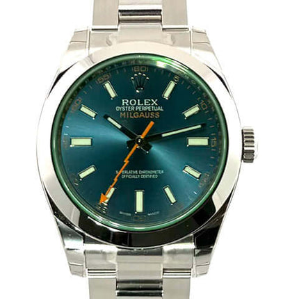 Rolex Oyster Perpetual Milgauss 116400GV Edelstahl mit grünem Zifferblatt und orangefarbener Sekundenzeiger in Blitz Optik