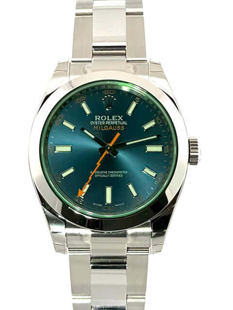 Rolex Oyster Perpetual Milgauss 116400GV Edelstahl mit grünem Zifferblatt und orangefarbener Sekundenzeiger in Blitz Optik