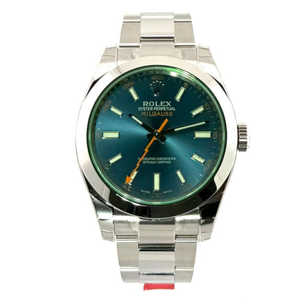 Rolex Oyster Perpetual Milgauss 116400GV Edelstahl Armband, schwarzes Zifferblatt, orangefarbene Sekunde.