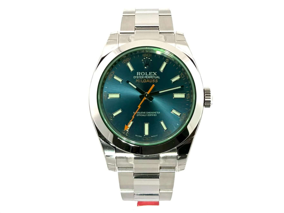 Rolex Oyster Perpetual Milgauss 116400GV Edelstahl Armband, schwarzes Zifferblatt, orangefarbene Sekunde.