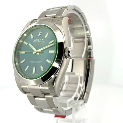 Rolex Oyster Perpetual Milgauss 116400GV Edelstahl Uhr mit schwarzem Zifferblatt und oranger Sekunde, polierte Lünette und Armband