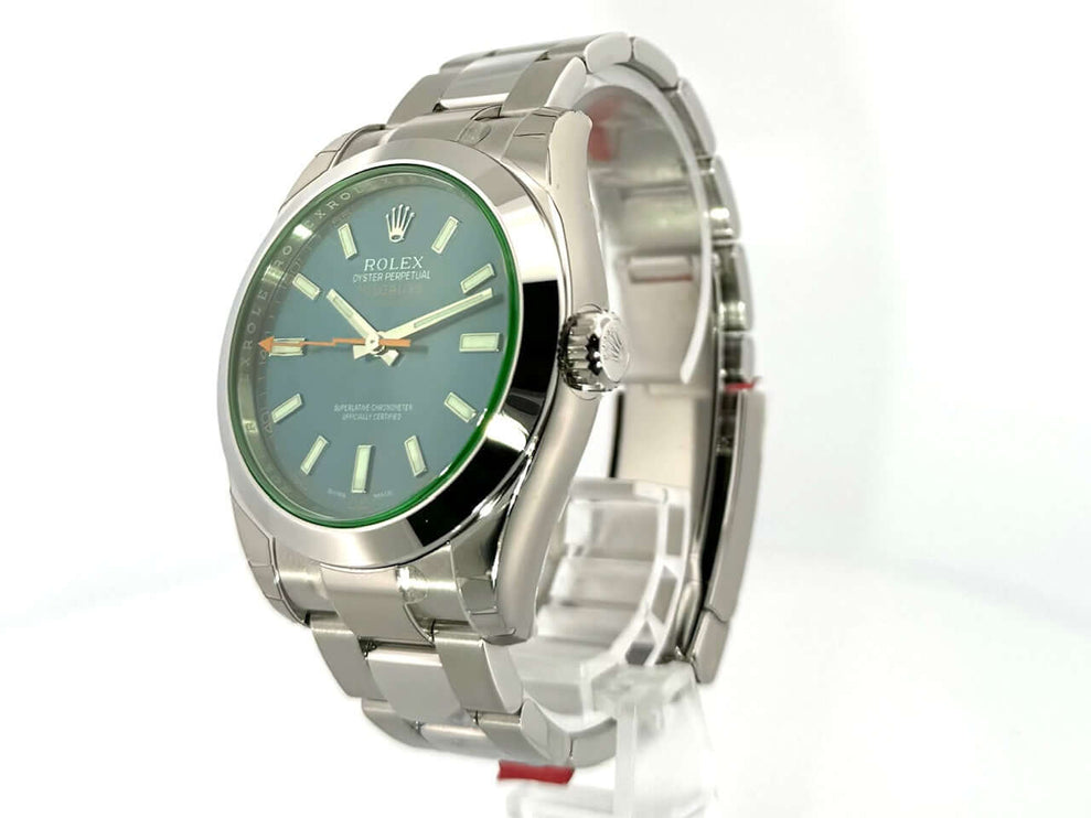 Rolex Oyster Perpetual Milgauss 116400GV Edelstahl Uhr mit schwarzem Zifferblatt und oranger Sekunde, polierte Lünette und Armband