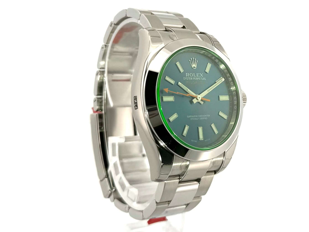 Rolex Oyster Perpetual Milgauss 116400GV Edelstahlgehäuse, grünes Zifferblatt, poliertes Armband, Automatikwerk, Modell 2015, seitliche Ansicht