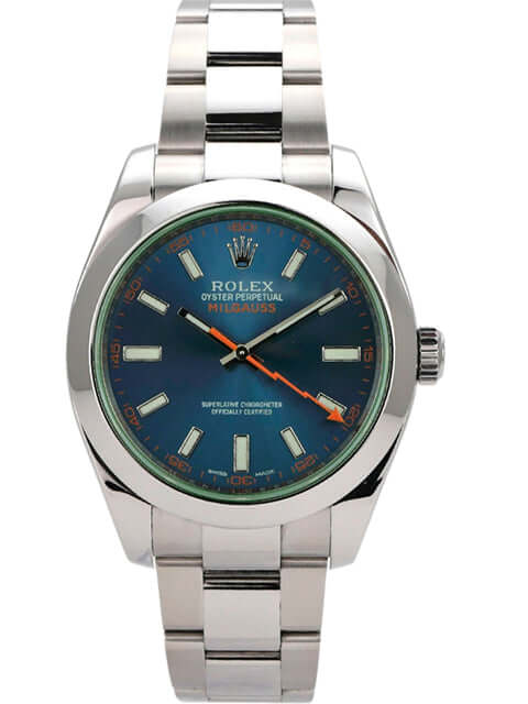 Rolex Oyster Perpetual Milgauss 116400GV mit blauem Zifferblatt und oranger Sekundenhand