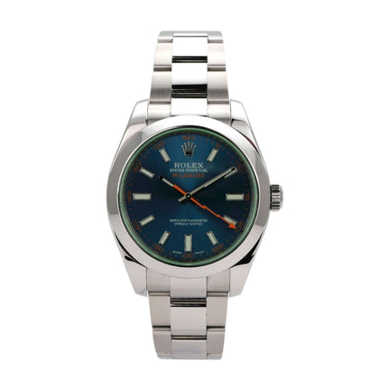 Rolex Oyster Perpetual Milgauss 116400GV mit blauem Zifferblatt und orangefarbener Sekunde, Edelstahl-Armband.