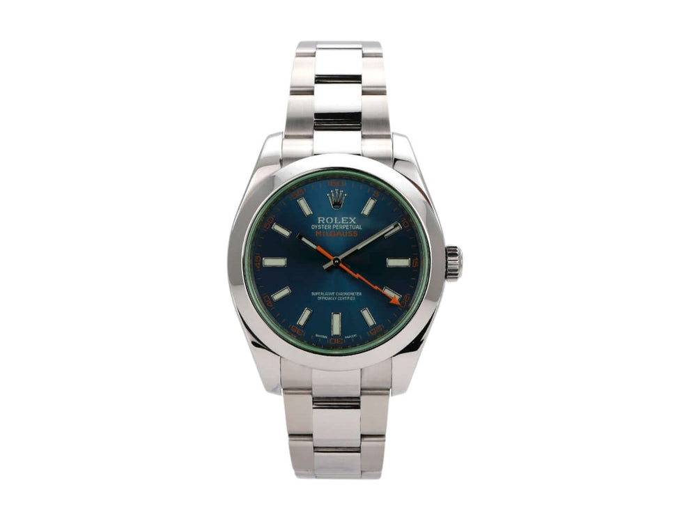 Rolex Oyster Perpetual Milgauss 116400GV mit blauem Zifferblatt und orangefarbener Sekunde, Edelstahl-Armband.