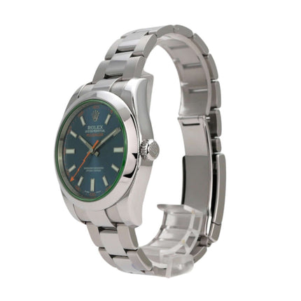 Rolex Oyster Perpetual Milgauss 116400GV mit grünem Zifferblatt und Edelstahlarmband, elegante Schweizer Automatikuhr.