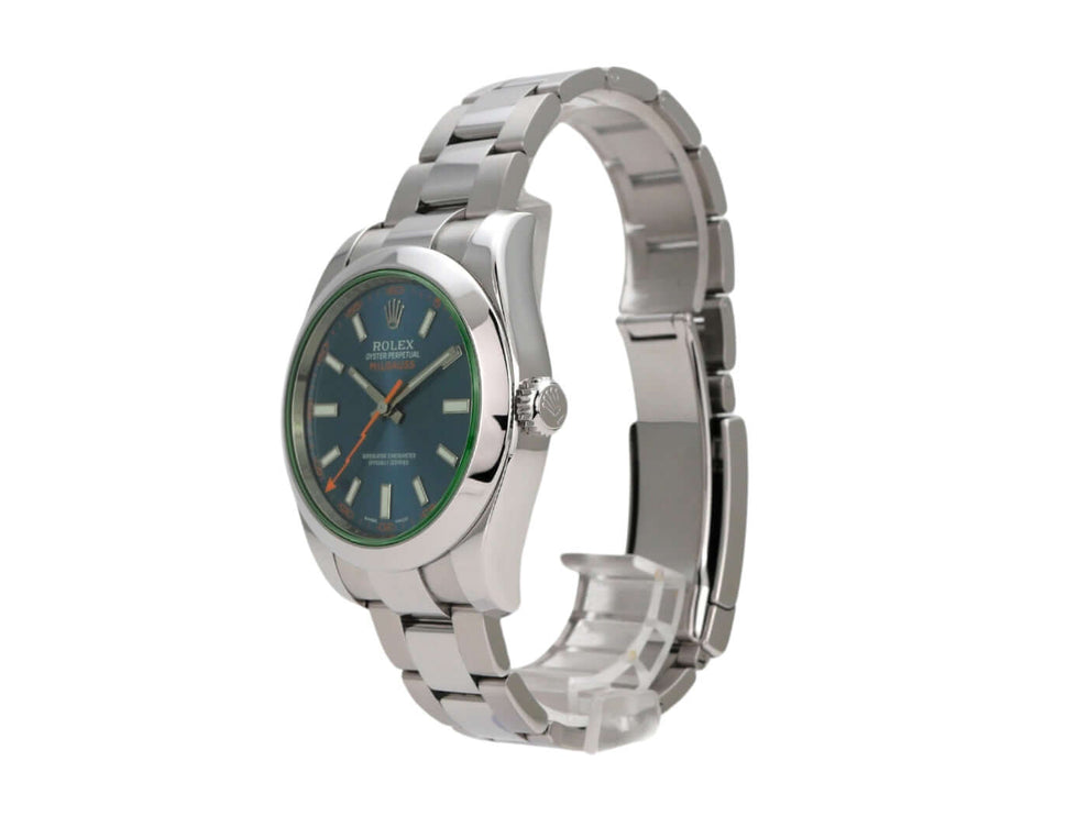 Rolex Oyster Perpetual Milgauss 116400GV mit grünem Zifferblatt und Edelstahlarmband, elegante Schweizer Automatikuhr.